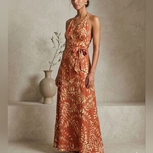 Vintage Tropical Floral Halter Maxi Dress L A-Line Belted Summer Gown Terracota